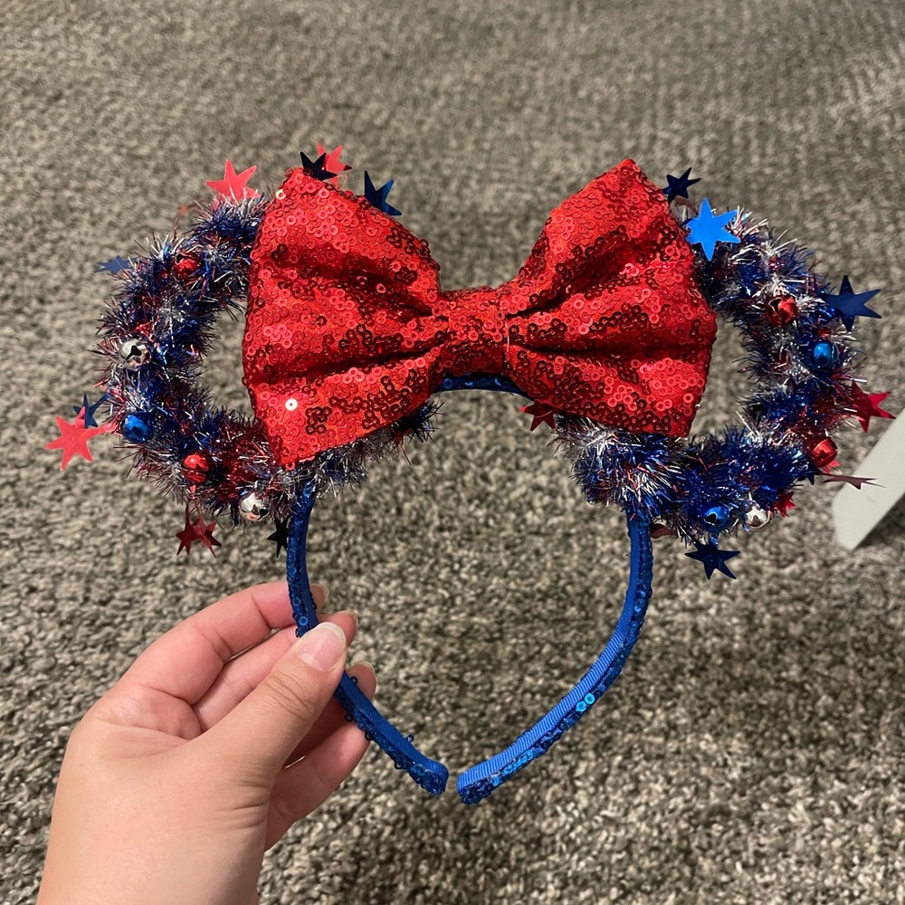 Red White and Blue Sequin Bow Headband with bells